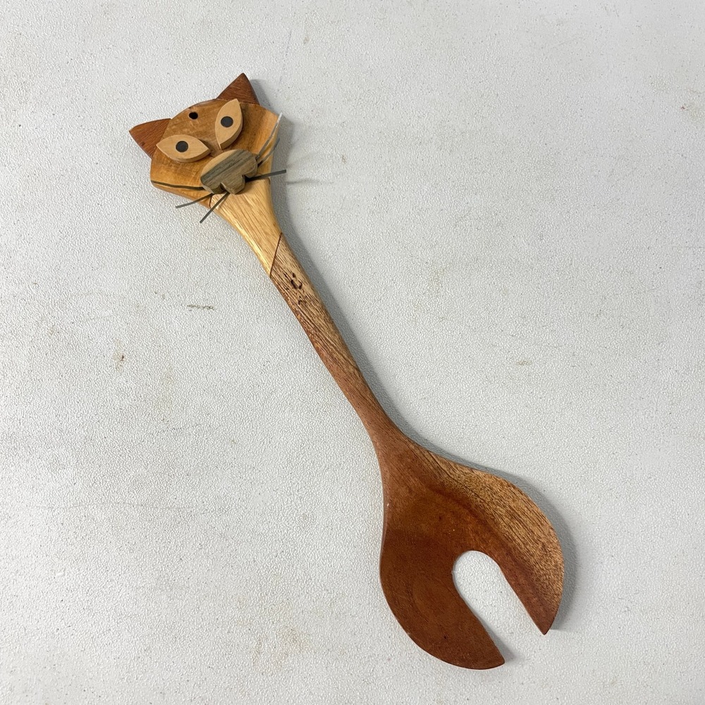 Vintage Handcrafted Wooden Cat Salad Serving Fork Spoon Whimsical Folk Art MCM